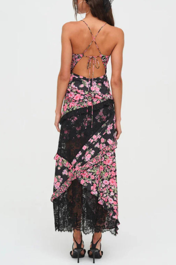 Fashionable Floral Print Lace Patchwork Hollow-out Slim Fit Vacation Ruffle Maxi Dress