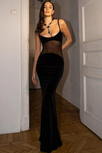 Sexy V-neck Sheer Mesh Cami Bodycon Maxi Dress