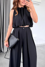 Macie Pleated High Neck Sleeveless Top and High Rise Pocket Wide Leg Pants Set