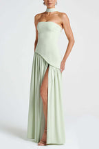 consonak Strapless Back Lace-up High Slit Splice Maxi Dress