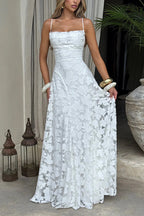 Spaghetti Strap Backless Lace-up Jacquard Maxi Dress
