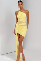 Sheer Mesh One Shoulder Ruched Wrap Dress
