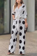 Fashion Lapel Long-sleeved Tie Waist Shirt and Casual Polka Dot Print Wide-leg Pants Set