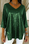 Solid Color Loose V-neck Shiny Casual Top