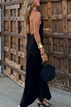 Irina Timeless Meret Gold Geometric Print Backless Halter Neck Stretch Maxi Dress Boutique Collection