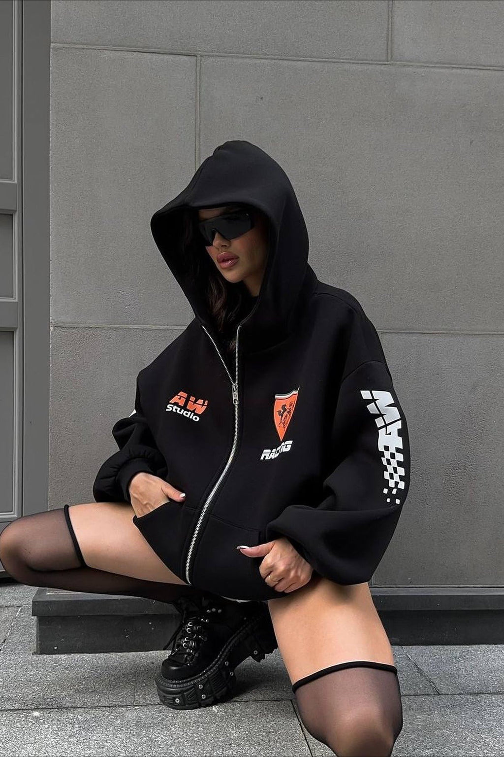 Oversized Zip-Up Logo Letter Print Hoodie