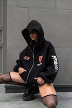 Oversized Zip-Up Logo Letter Print Hoodie