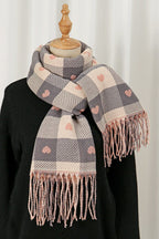 Faux Cashmere Double-Sided Heart Plaid Fringed Scarf