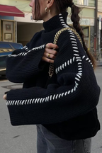Crew Neck Contrast Color Panel Sweater