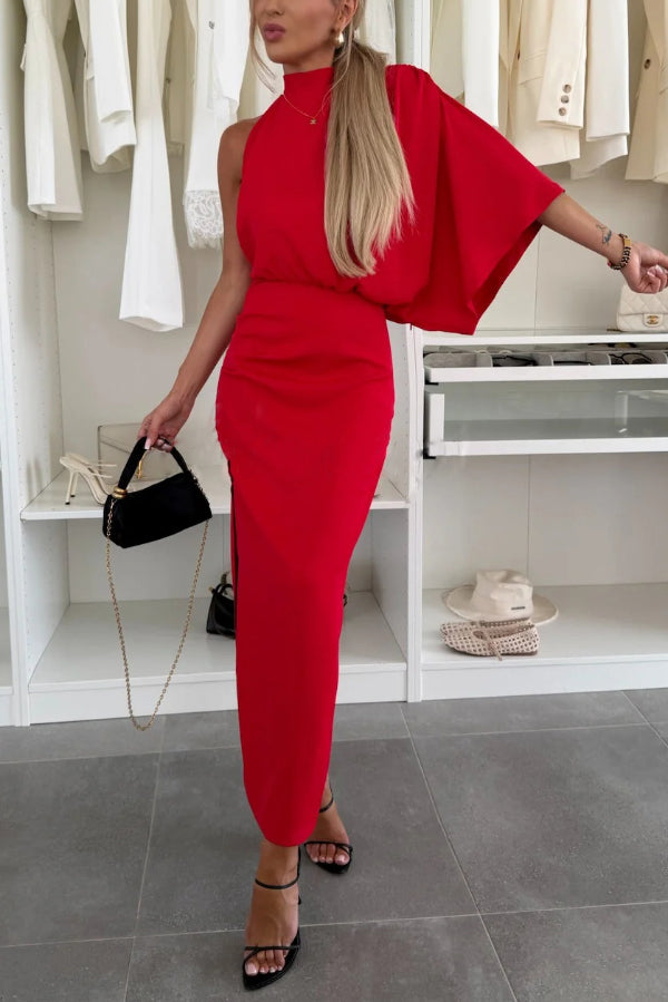 Asymmetrical Design Solid Color One-sleeve Fitted Waist Elegant Slit Maxi Dress