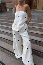 French Polka Dot Linen Tube Top & Wide-Leg Pants Set