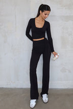 Stylish Solid Tie High-rise Flared Two Piece Set