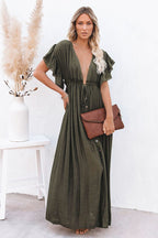 Button Front Drawstring Waist Maxi Boho Dress