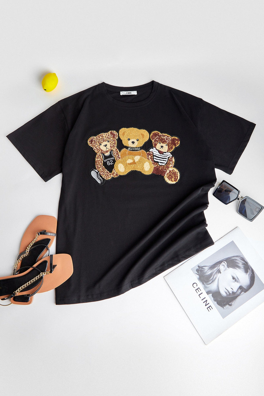 Black Teddy Bear Embroidered T-Shirt