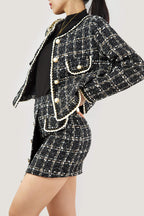 Black Plaid Tweed Fake Flap Pocket Jacket & Skirt Two-Piece Set