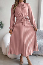 Elegant Stand-collar Long-sleeve Waisted Tie-up Pleated Midi Dress