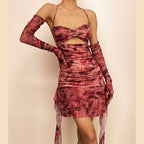 Flower print contrast gloves buckle ruched halter backless ruffle mini dress