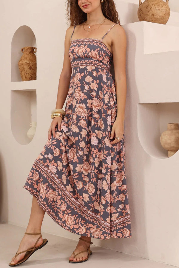 Floral Print Sleeveless Square Neck Backless Casual Vacation Maxi Dress