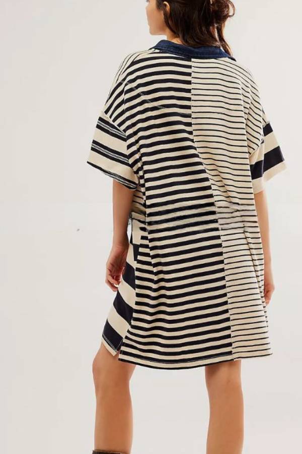 Tatiana Effortless Casual Dress with Mediumength Sleeves, Lapels and Contrasting Stripes Premium Wardrobe Essential