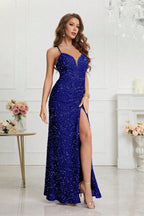 V Neck Slit Sequin Slip Prom Dress