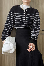 Black Wool-Blend Half-Button Striped Sweater