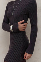 Elegant Playful Mock Neck Long Sleeve ALine Mini Knit Sweater Dress