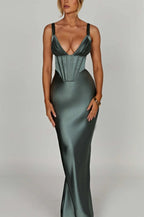 V-Neck Bone Detail Silk Dress