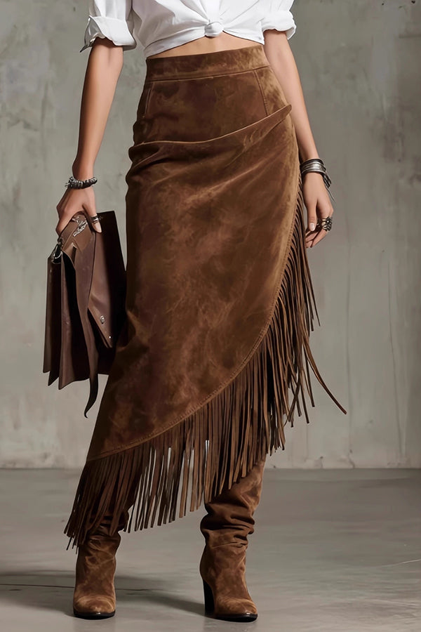 Fashionable Suede Tassel Irregular Casual Midi Skirt