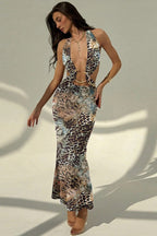 Sexy Snake Print Cutout Sheer Maxi Dress
