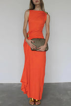 Fashionable Metallic Embellishments Pleated Sleeveless Slim-fit Maxi Dress