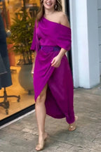 Whispered Yes Satin Irregular Lapel Neckline Design Ruched Maxi Dress