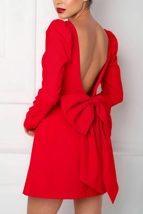 Women's party dress fluffy shoulder long sleeved back bow detail mini dress