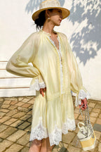 Linen Lace Patchwork Long Sleeve Midi Dress