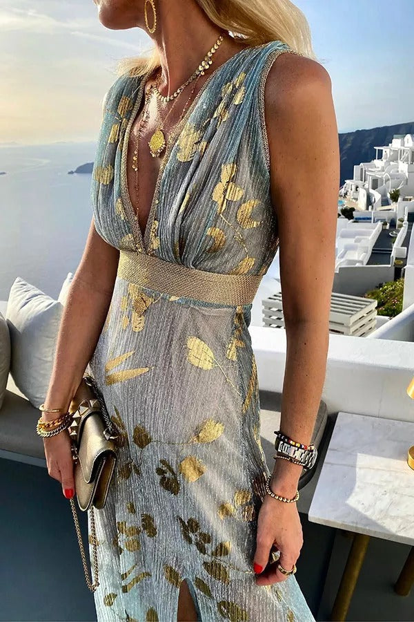 Regina Minimalist Golden Sunset Stories V Neck Maxi Dress Boutique Collection