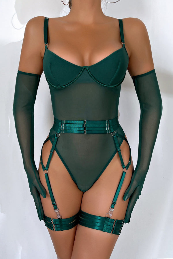 Fashionable See-through Mesh Suspender Bodysuit and Glove Straps Three-piece Set