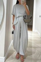 Light Grey Casual Top and Wide-leg Pants Set