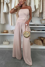 Elegant Solid Color Asymmetric Ruffles Bandeau Top and High Waist Wide Leg Pants Set