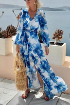 Island Girl Floral Print V-neck Long Sleeve Tie Slit Holiday Maxi Dress