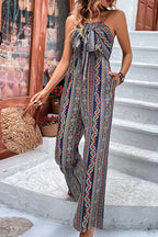 Wrap python-print suspenders wide-leg jumpsuit