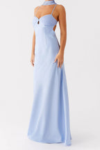 Satin V-Neck Tie-Back Maxi Luxury Party Dress
