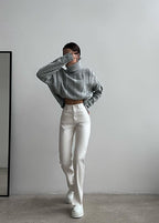 Cable Knit Cropped Turtleneck Sweater – Women’s Chunky Knit Pullover
