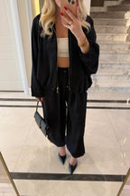 Loose-fitting Zippered Jacket with Lantern Sleeves + High-Waisted Drawstring Wide-Leg Pants Set