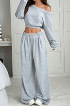 Casual Ribbed Off Shoulder Crop Sweatshirt Pants Set