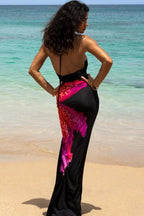 Sexy Halter V-neck Floral Print High Slit Bodycon Maxi Dress