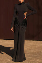 Sexy Backless High-neck Long-sleeved Fitted Draped Maxi Dress
