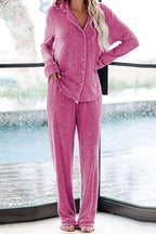 Home-style Loose-fitting Long-sleeved Pocket Shirt and Elastic Waist Casual Pants Set
