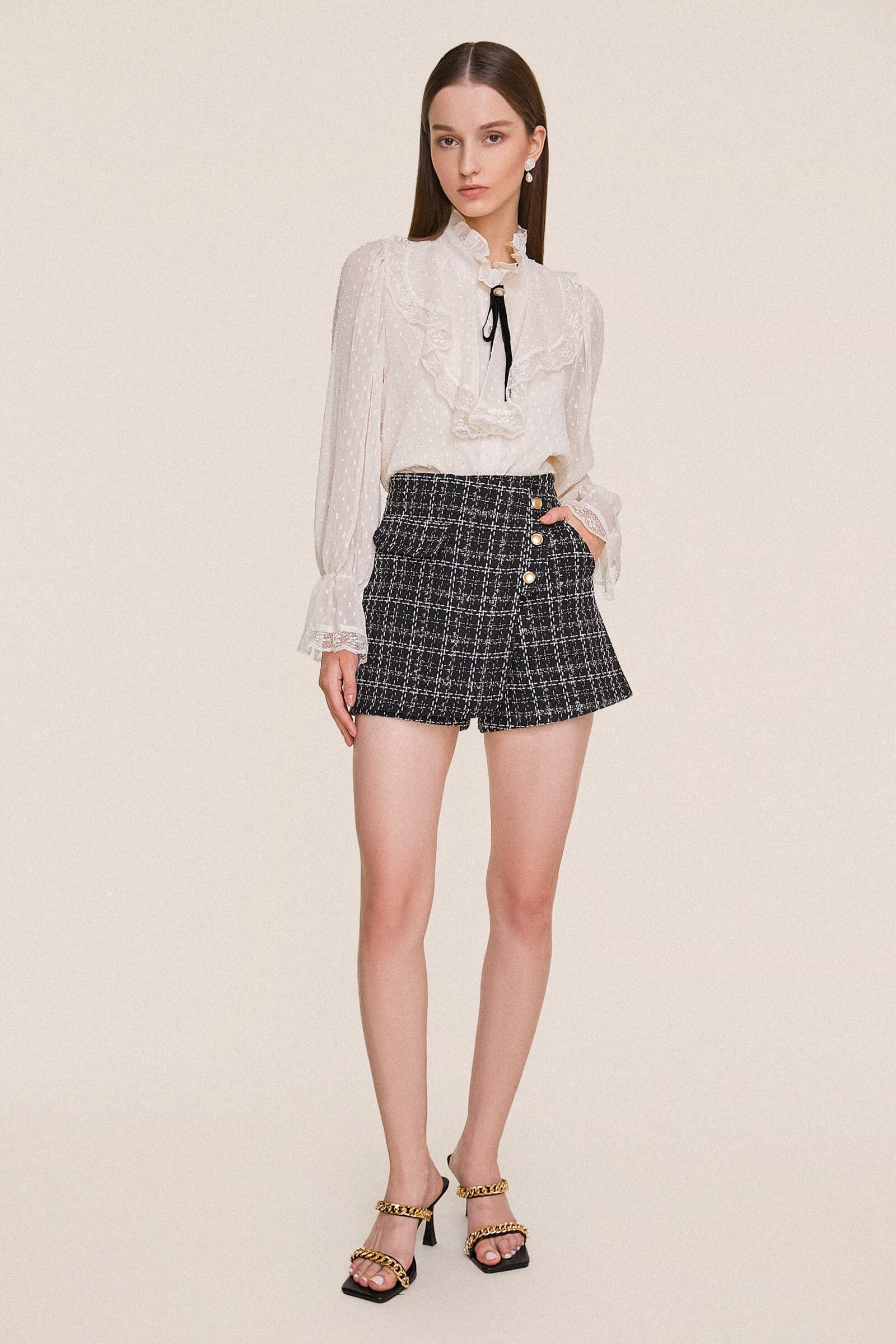 Black Checked Button Detail Tweed Skort
