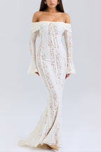 Floral Lace Off Shoulder Flare Sleeve Fishtail Maxi Dresses-White
