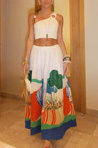 Mexican Night Linen Blend Unique Print Ring One Shoulder Top and Elastic Waist Pocket Maxi Skirt Set