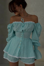 Lantern Sleeve Lace Up Off Shoulder Top Two Piece Shorts Set